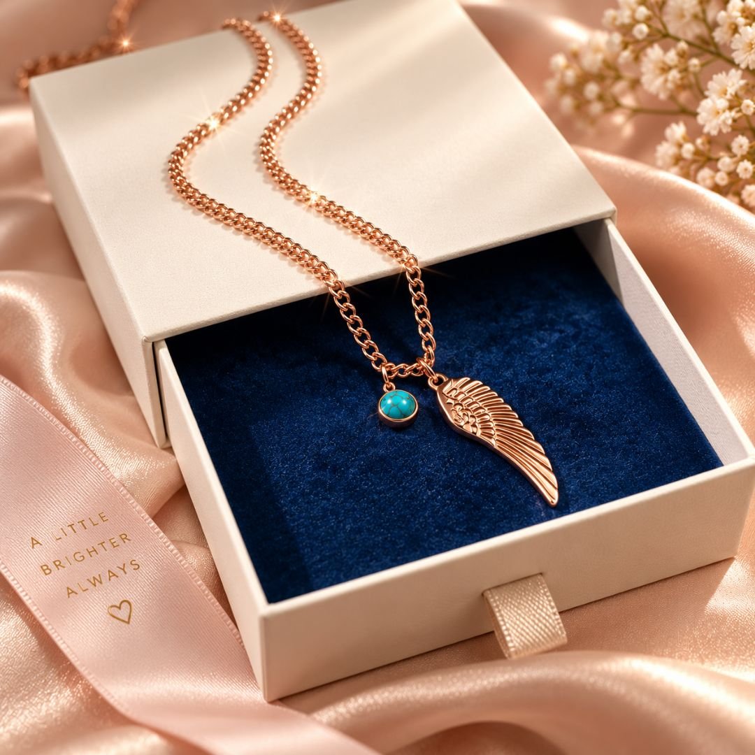 Rose Gold Angel Wing Necklace with Turquoise Charm - Image 3