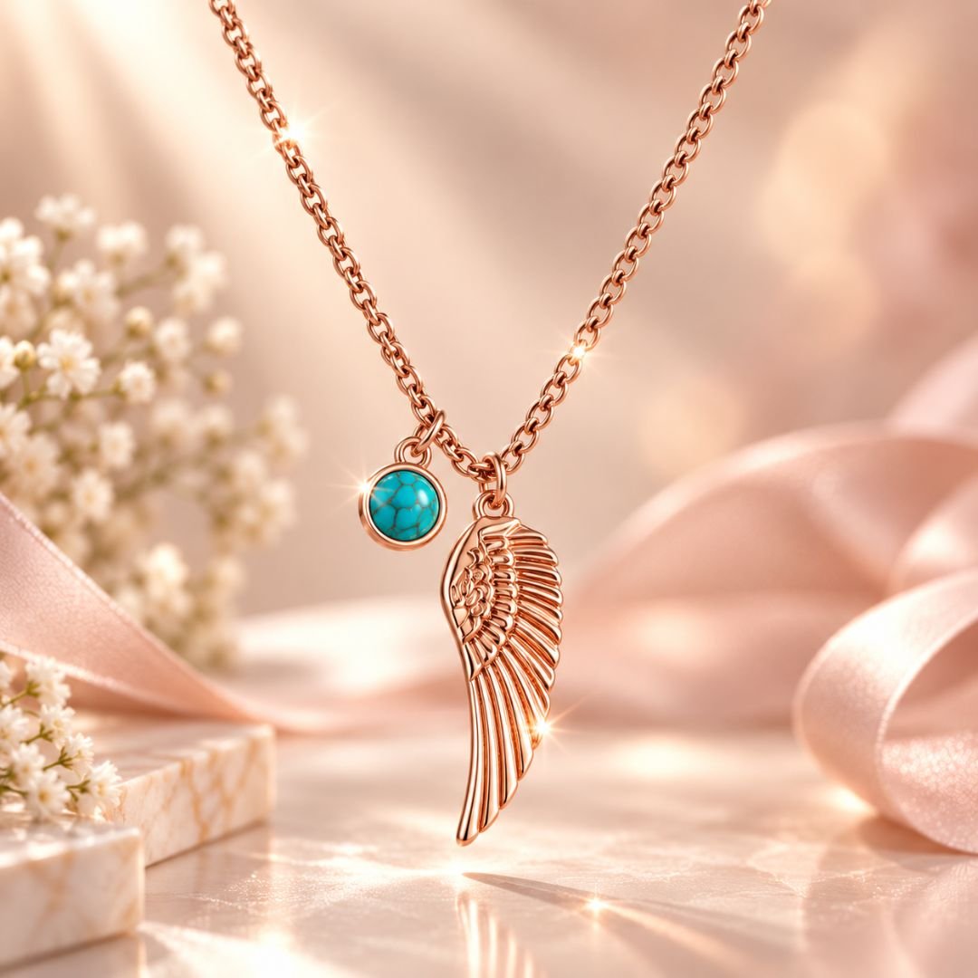 Rose gold angel wing necklace with turquoise charm