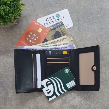 Vegan Leather 3 fold Wallet Black GD Open