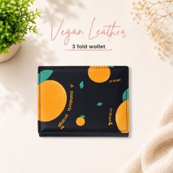 Vegan Leather 3-Fold Wallet Black with Cute Orange Print | Card & Photo Holder