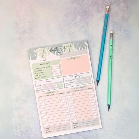Monthly Budget Planner With Leaves Grey and Pencils