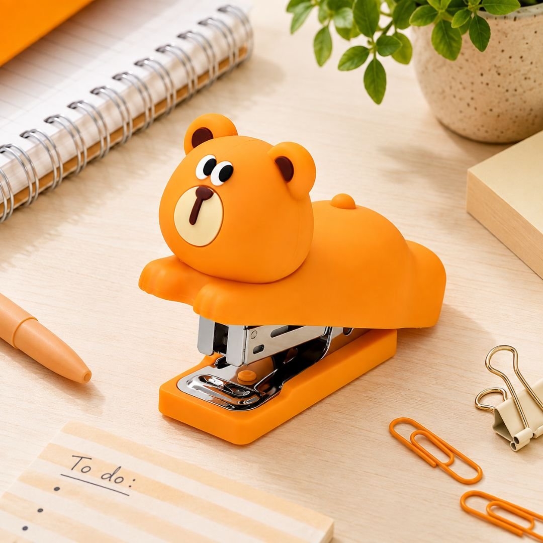 Orange Brown Bear Mini Stapler – Cute & Compact Desk Tool