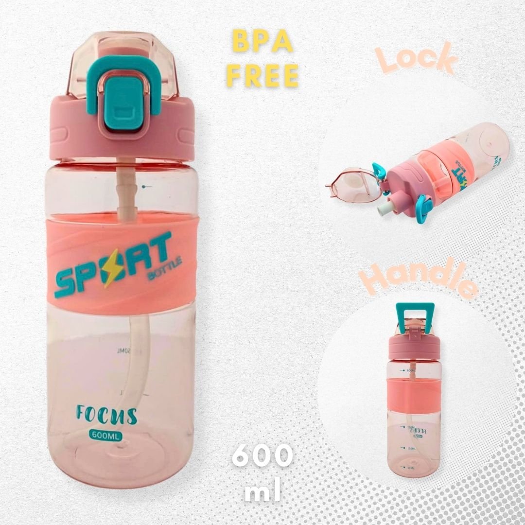 600 ml BPA free pink sports bottle with lock and handle