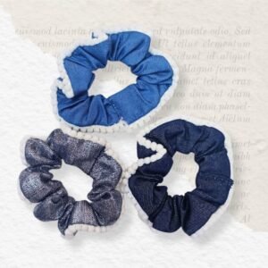 Blue fabric scrunchies set of 3 soft hair accessories