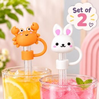 Silicone Straw Toppers Set of 2 – Cute Crab and Bunny Designs, Food-Grade Silicone