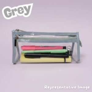 Grey transparent pencil pouch with PU leather trim and zipper