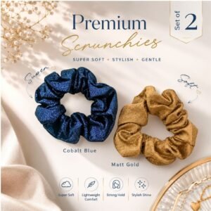 Premium Metallic Scrunchies Set of 2 in Cobalt Blue and Matt Gold Korean-style hair accessories.
