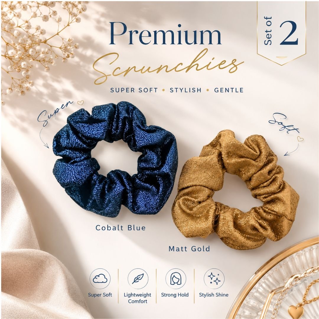 Premium Metallic Scrunchies Set of 2 in Cobalt Blue and Matt Gold Korean-style hair accessories.