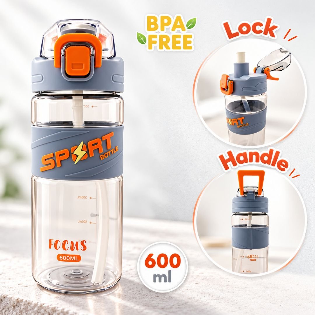Orange BPA-Free Sports Water Bottle 600ml – Transparent Bottle with Straw & Flip-Top Lid - Image 3