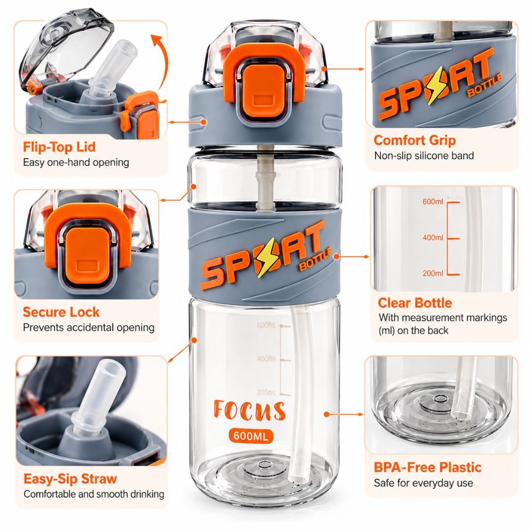 Orange BPA-Free Sports Water Bottle 600ml – Transparent Bottle with Straw & Flip-Top Lid - Image 4