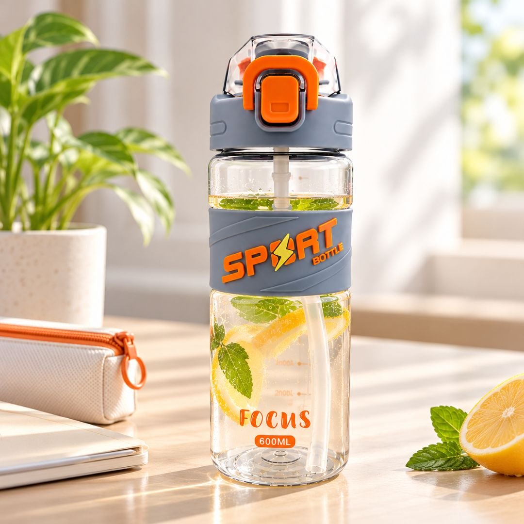 Orange Sports Water Bottle 600ml with transparent body, straw and grey orange flip-top lid