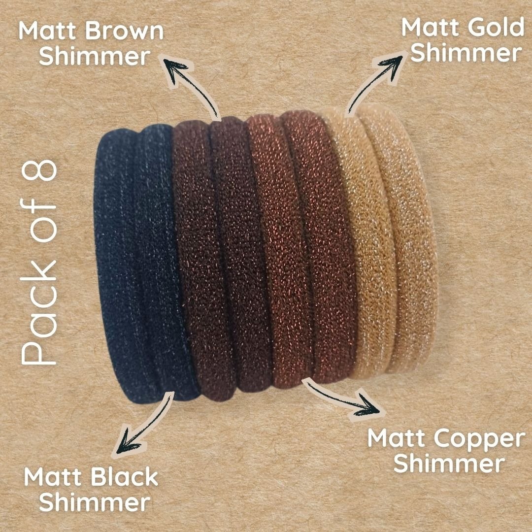 Shimmer hair ties pack of 8 in matt black brown copper and gold