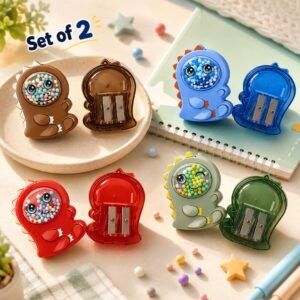 Cute Dinosaur Sharpener Set of 2 with dual sharpening holes and built-in shaving container in assorted colours.