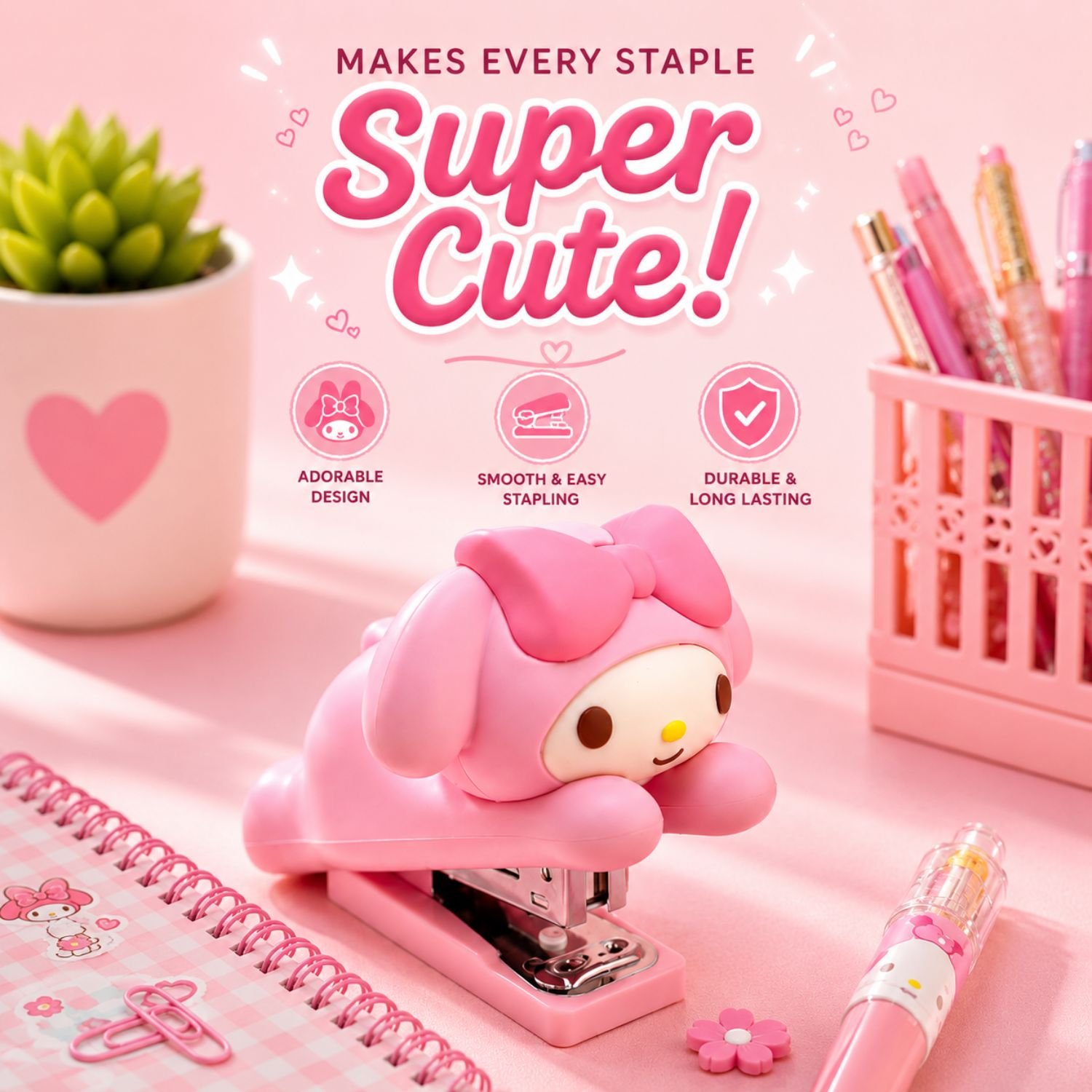 Cute Cat Stapler featuring an adorable pink kawaii cat design for school, office and home use.