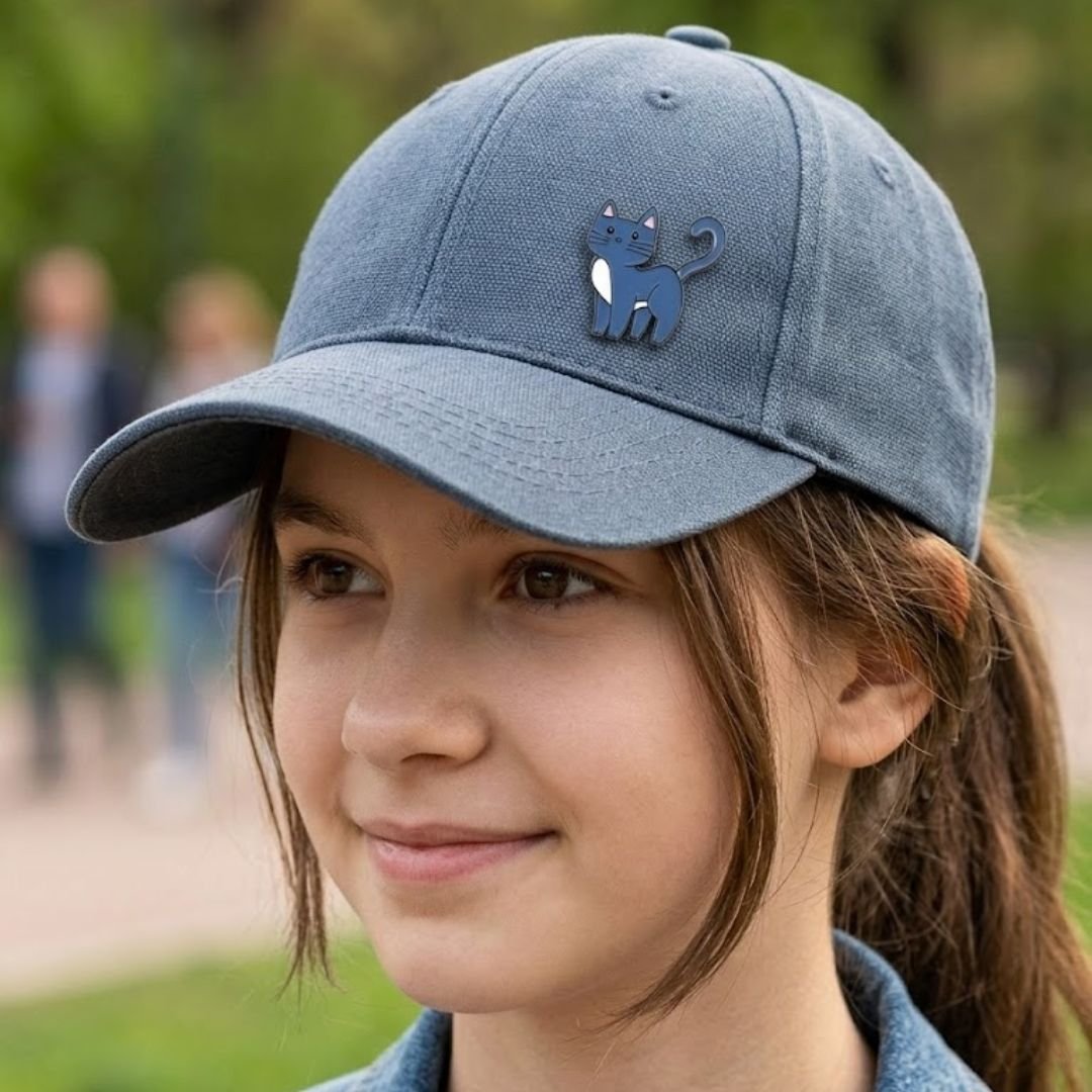 Aesthetic cat brooch on blue cap
