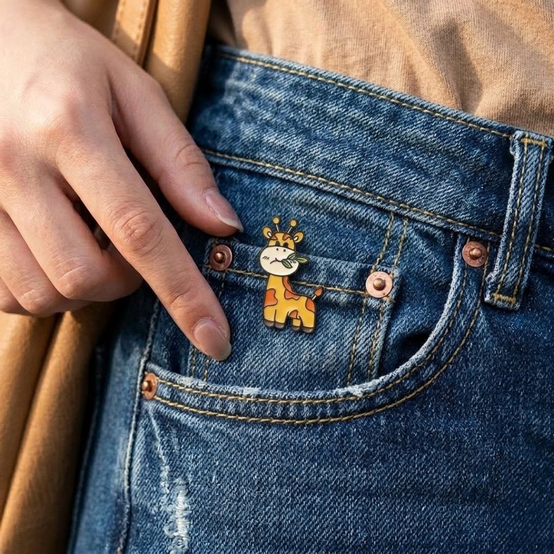 Giraffe lapel pin attached to denim jacket pocket