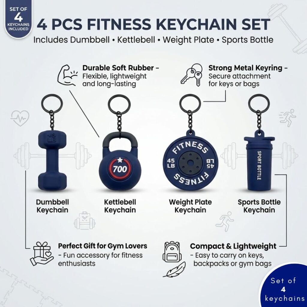 Gym Based Keychains Fitness Keychain Set of 4 – Gym Dumbbell & Kettlebell Keychains