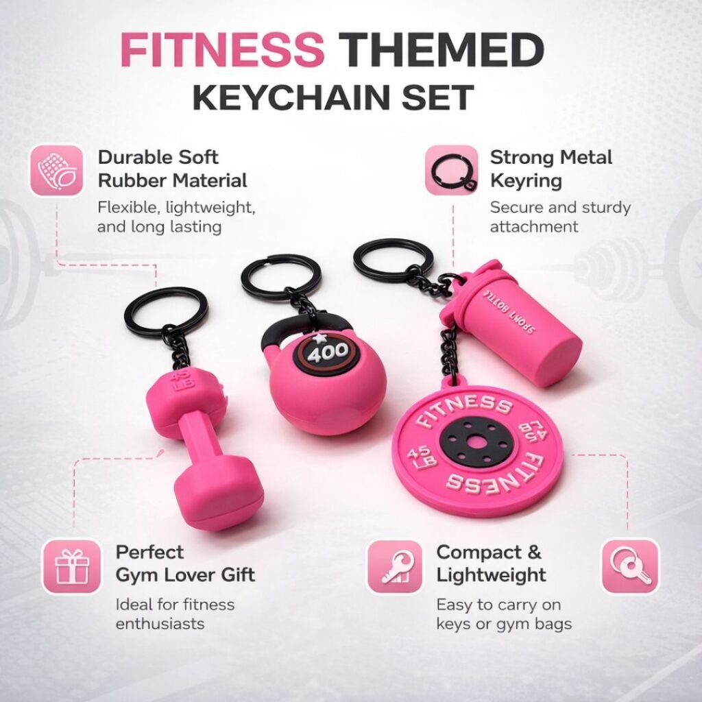Gym Based Keychains Fitness Keychain Set of 4 – Gym Dumbbell & Kettlebell Keychains