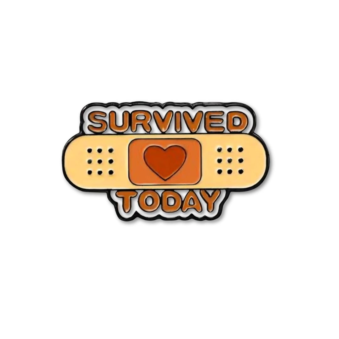 Survived Today band-aid soft enamel lapel pin with red heart and black outline