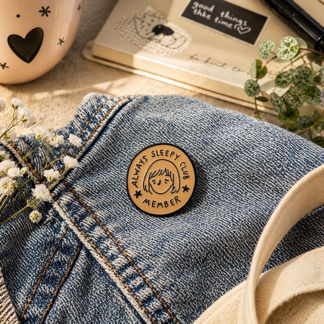 always sleepy club member enamel lapel pin round tan black enamel india