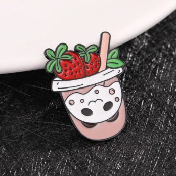 Strawberry Boba Tea Kawaii Enamel Lapel Pin | Cute Boba Brooch for Jacket & Bag