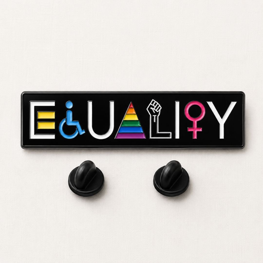 Equality enamel pin back view showing two butterfly clasps black rectangular pride lapel pin