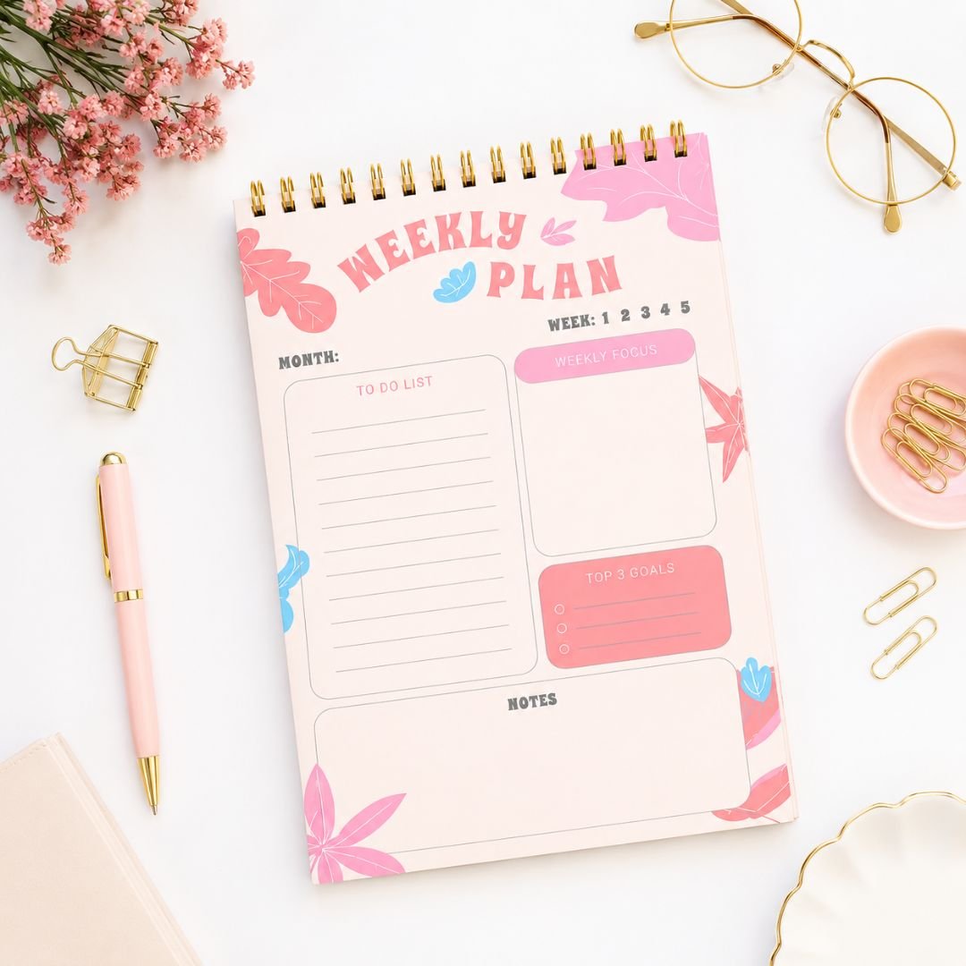 Weekly planner notepad pink botanical spiral bound flat lay with flowers pen and gold glasses
