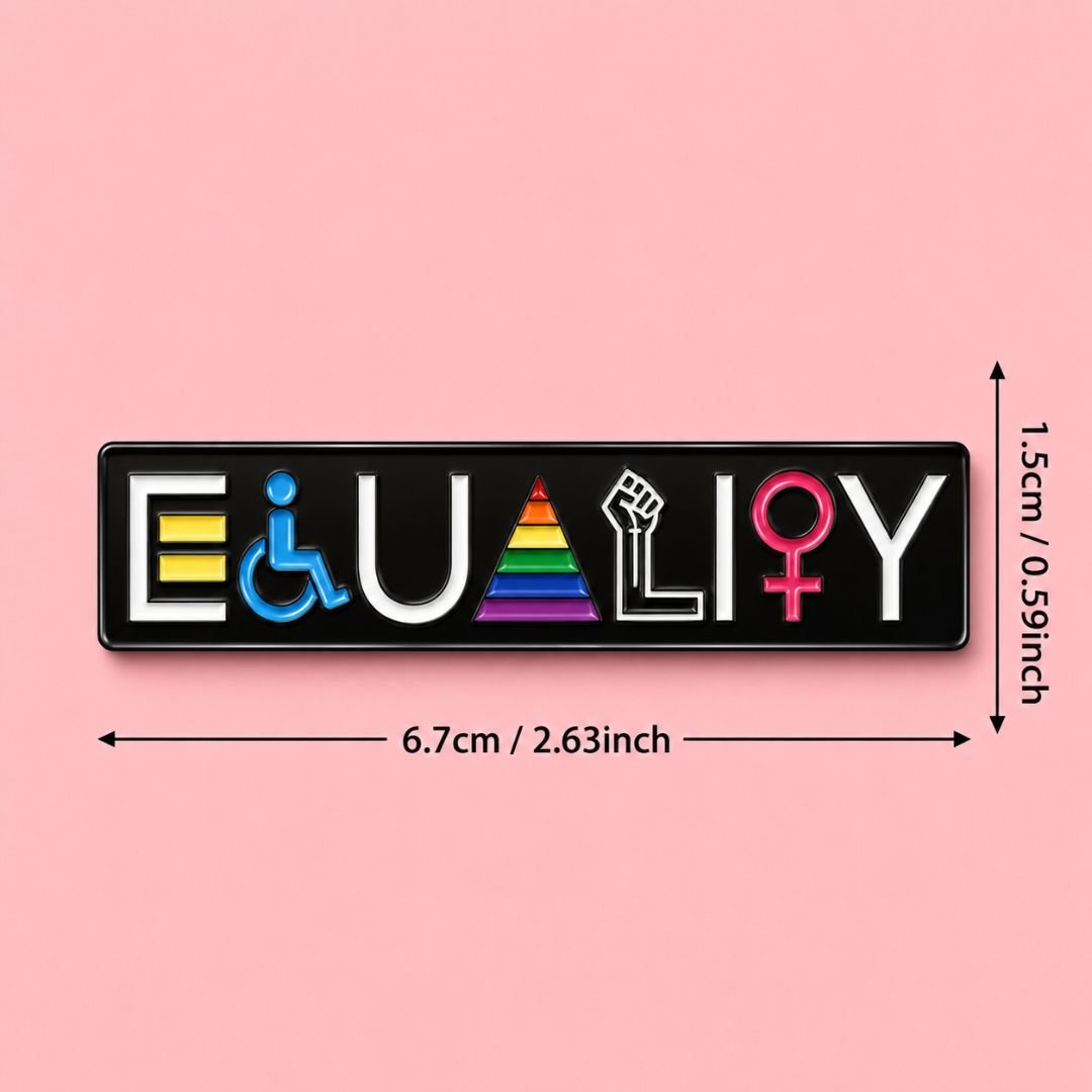 Equality enamel pin size guide 6.7cm x 1.5cm bold pride lapel pin on pink background
