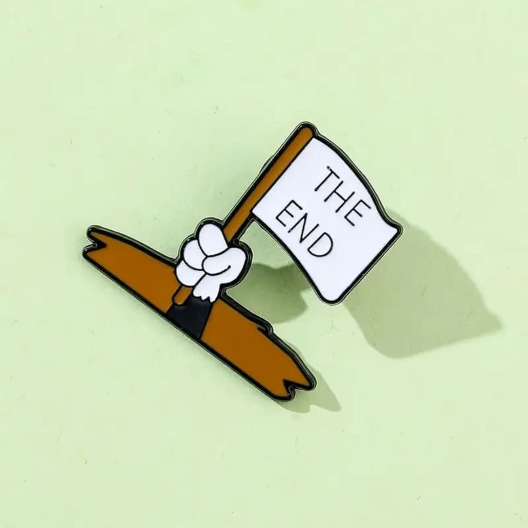 The End enamel pin metal badge with cartoon flag design