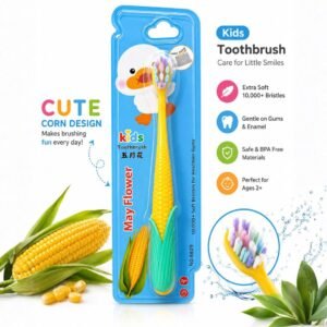 Kids toothbrush yellow blue corn design with soft bristles