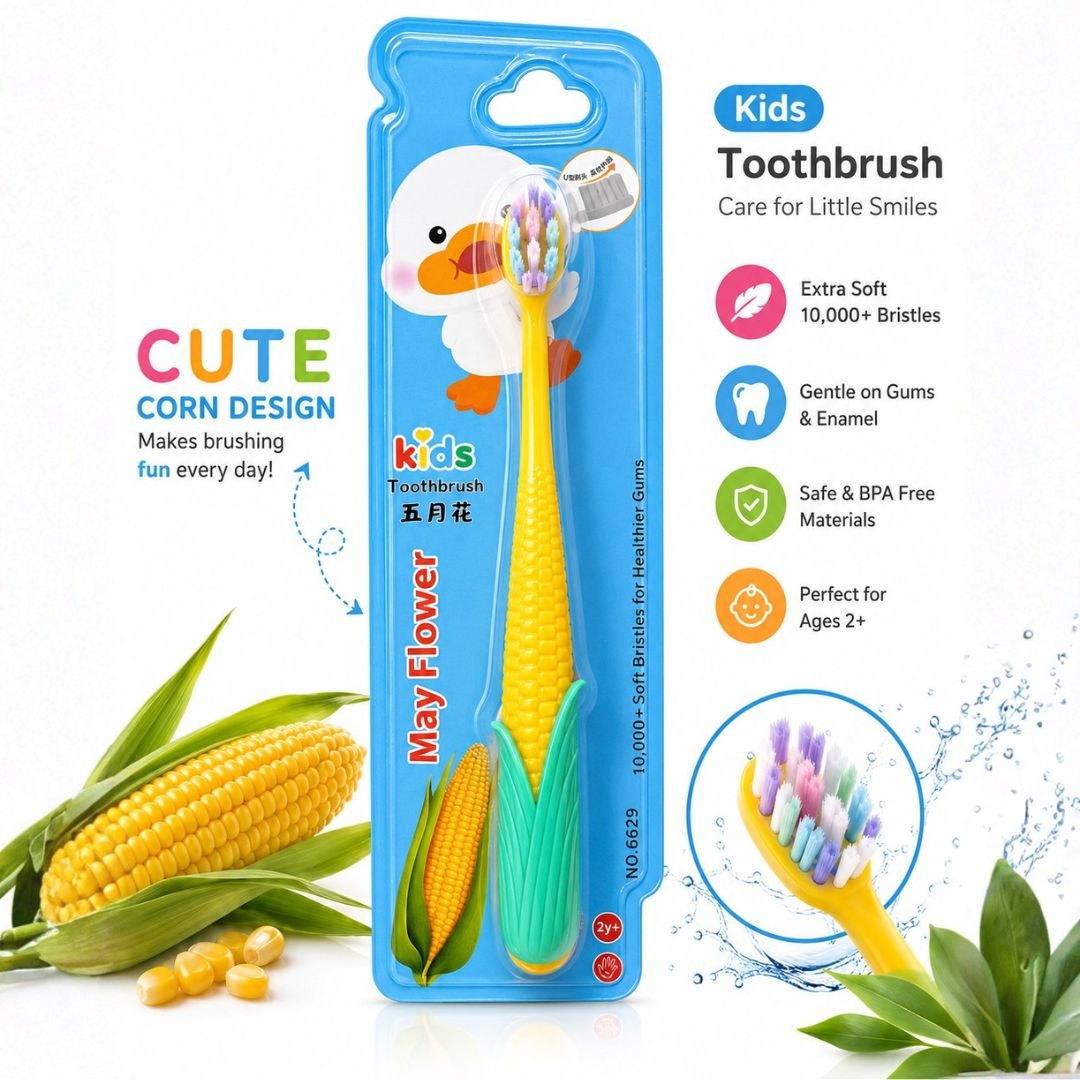 Kids toothbrush yellow blue corn design with soft bristles