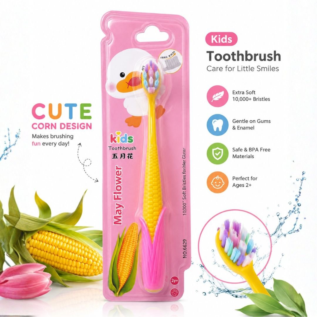 Kids toothbrush yellow pink corn design with soft bristles