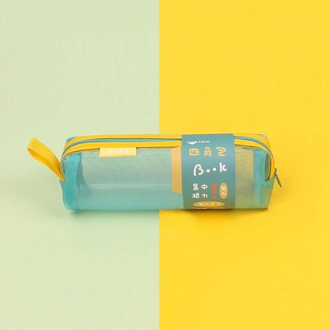 Sea green yellow mesh pencil pouch with zipper