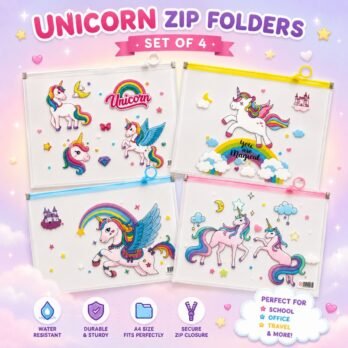 Unicorn Zip Folder Pouch for Girls — Transparent A4 Stationery Bag, Set of 4