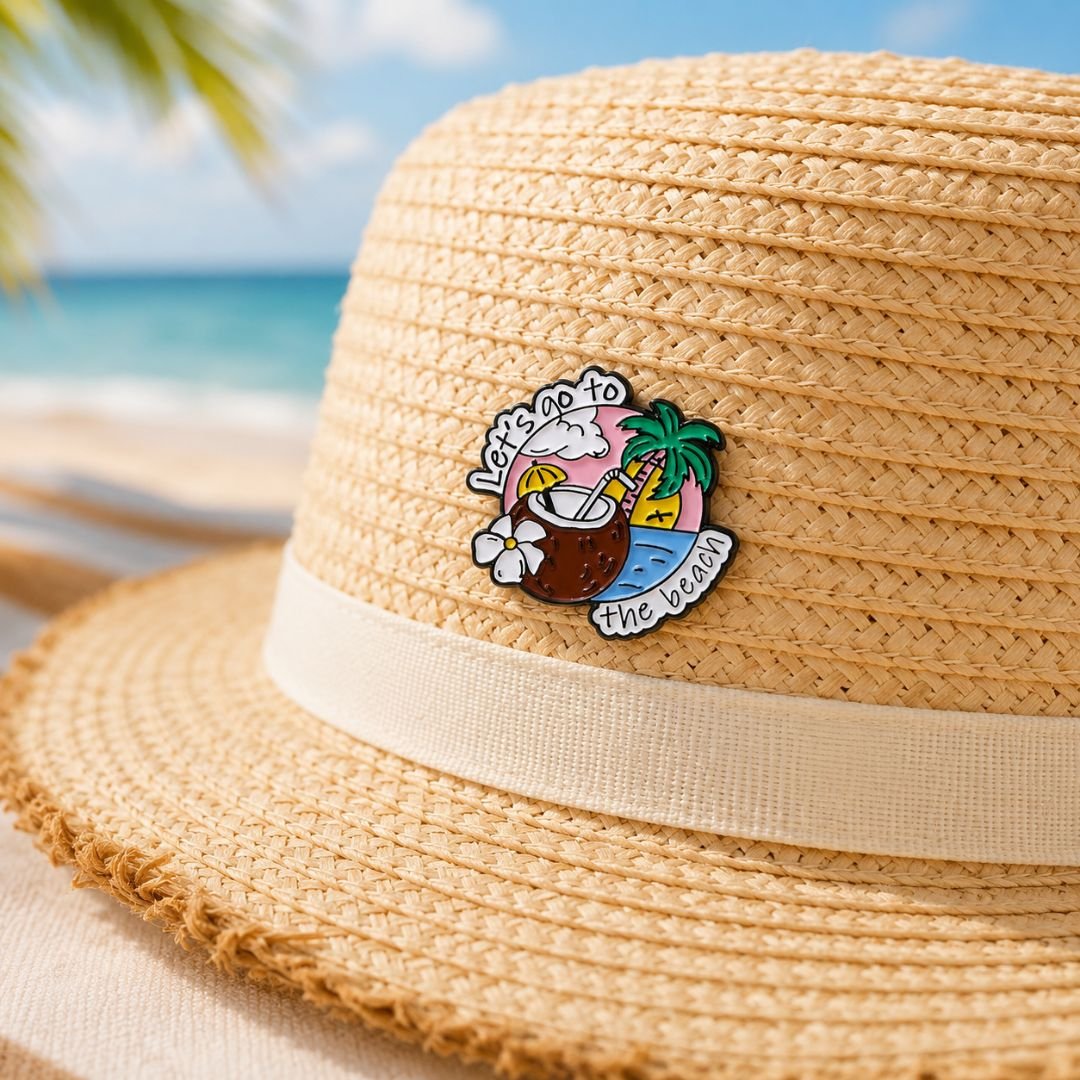 Let's go to the beach enamel pin cute tropical summer lapel pin on straw hat with ocean background