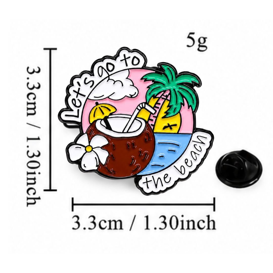 Let's go to the beach enamel pin size guide 3.3cm square 5g weight black rubber clutch back