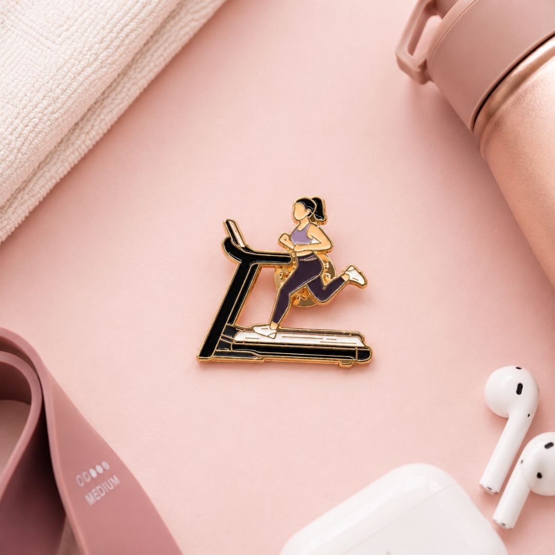 Treadmill running enamel pin fitness lapel pin pink flat lay with airpods water bottle resistance band and towel