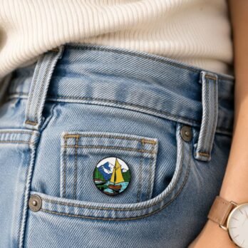 Scenic Mountain Lake Sailboat Hard Enamel Lapel Pin Badge for Jackets, Bags & Backpacks