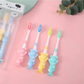 Cute Bear Kids Toothbrush Set of 4 with Suction Base | Soft Bristle Children’s Toothbrushes for Boys & Girls