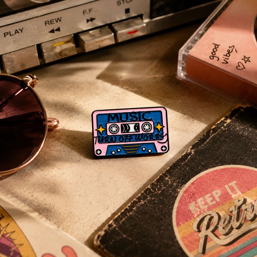 Music Turn Off Worry Cassette Tape Enamel Pin – Cute Retro Music Lapel Pin for Music Lovers - Image 2