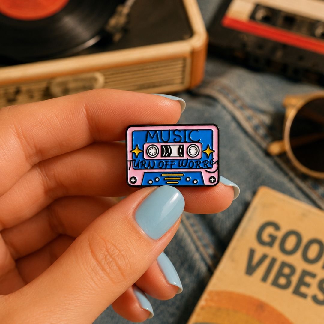 Music turn off worry cassette tape enamel pin blue pink retro music lapel pin held in hand vinyl record player background