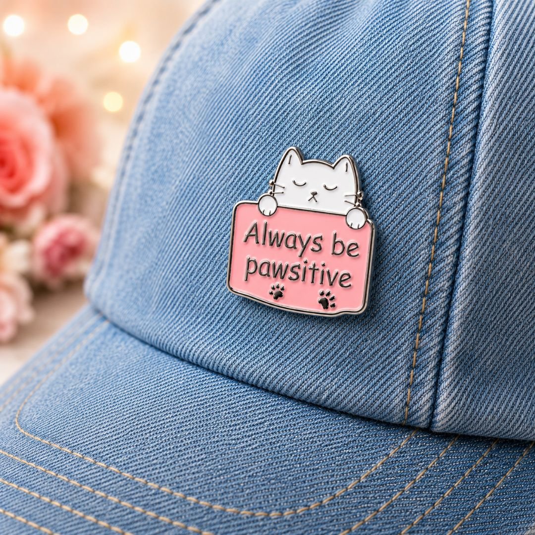 Always be pawsitive cat enamel pin white cat pink sign kawaii positivity lapel pin on denim cap
