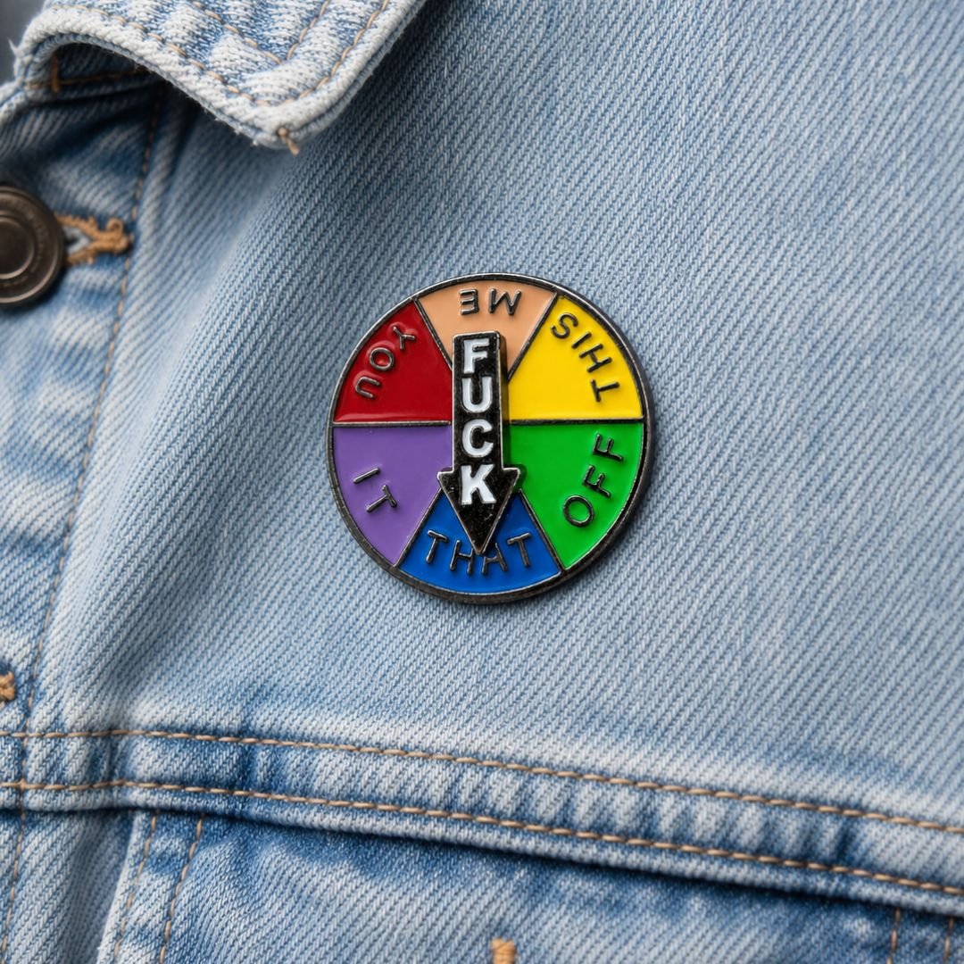 F**k it spinner enamel pin multicolour spinning wheel lapel pin with moving arrow on denim jacket