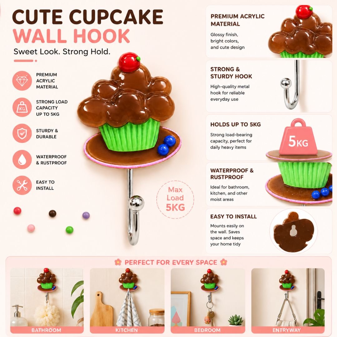 Cupcake wall hook infographic showing self-adhesive no-drill mounting 5KG capacity waterproof rustproof and usage in bathroom kitchen bedroom entryway