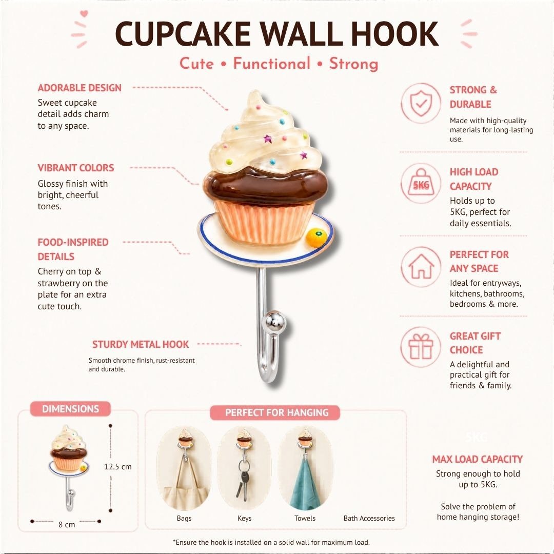 Chocolate cupcake wall hook with self adhesive backing for home organization