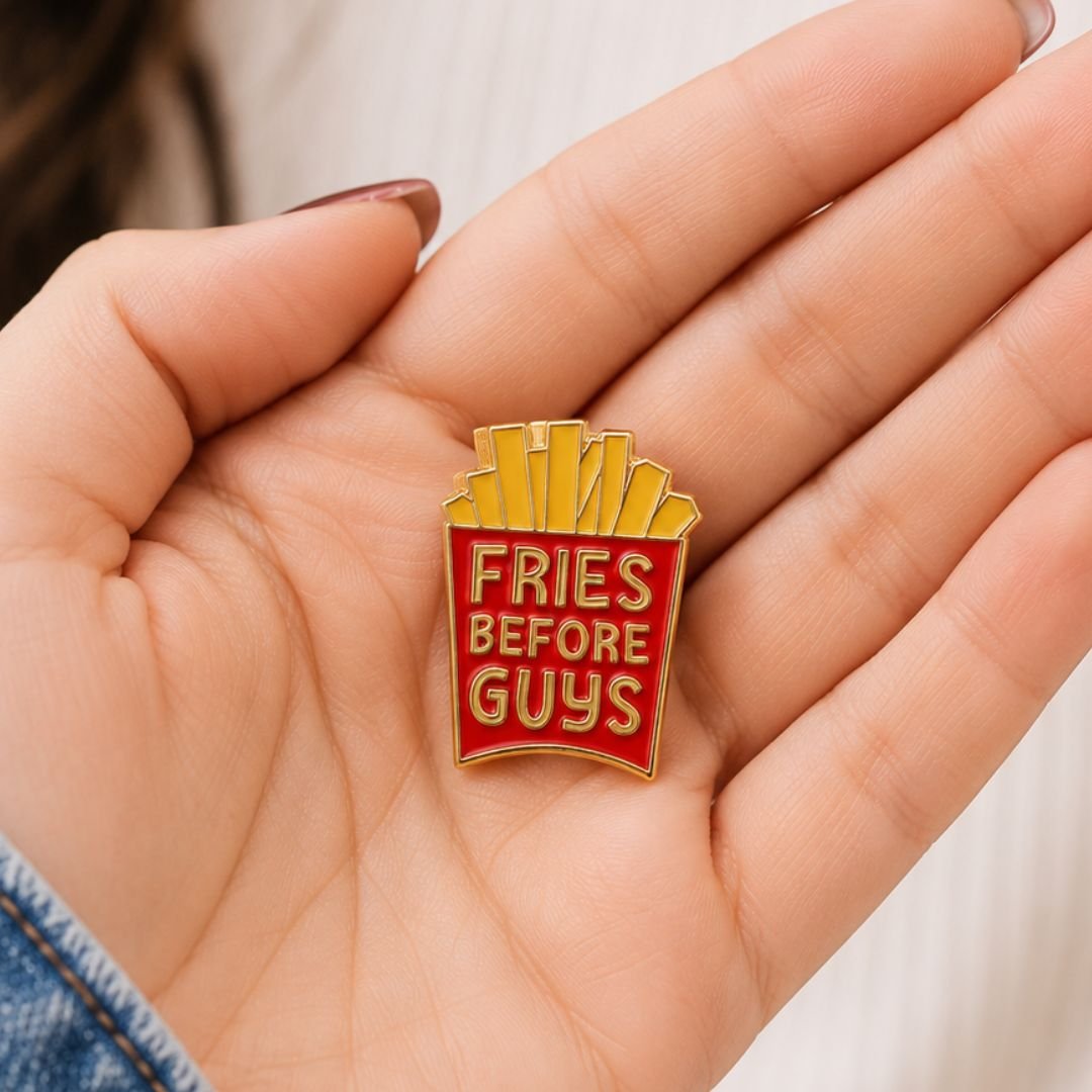 Fries before guys enamel pin funny food lapel pin red gold french fries carton held in hand