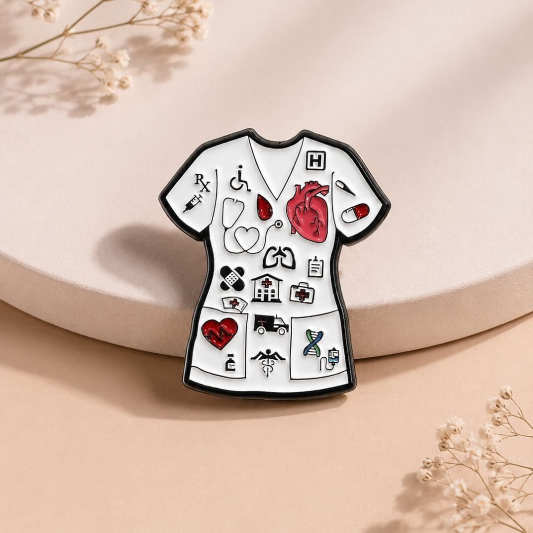 Medical scrubs enamel pin white scrubs top with medical icons doctor nurse healthcare lapel pin lifestyle
