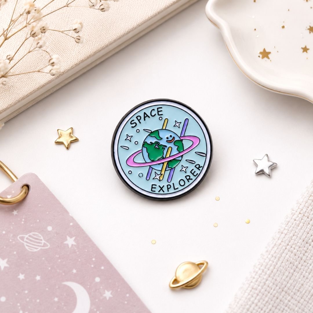 Space Explorer hard enamel lapel pin featuring a smiling Earth with planetary rings and stars.