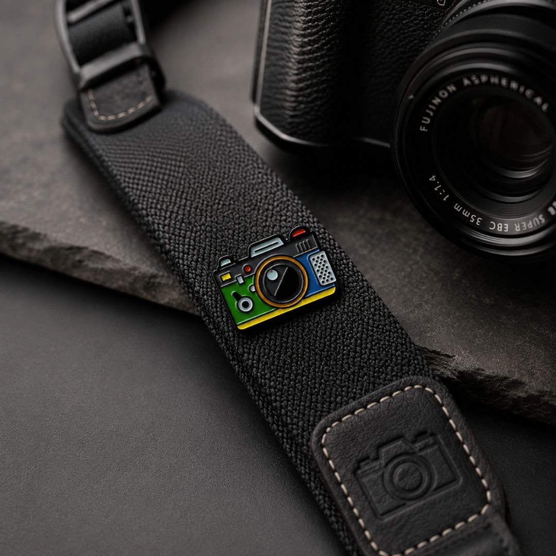 Vintage Camera hard enamel lapel pin with colourful enamel detailing and gold-tone metal finish attached to a camera strap.