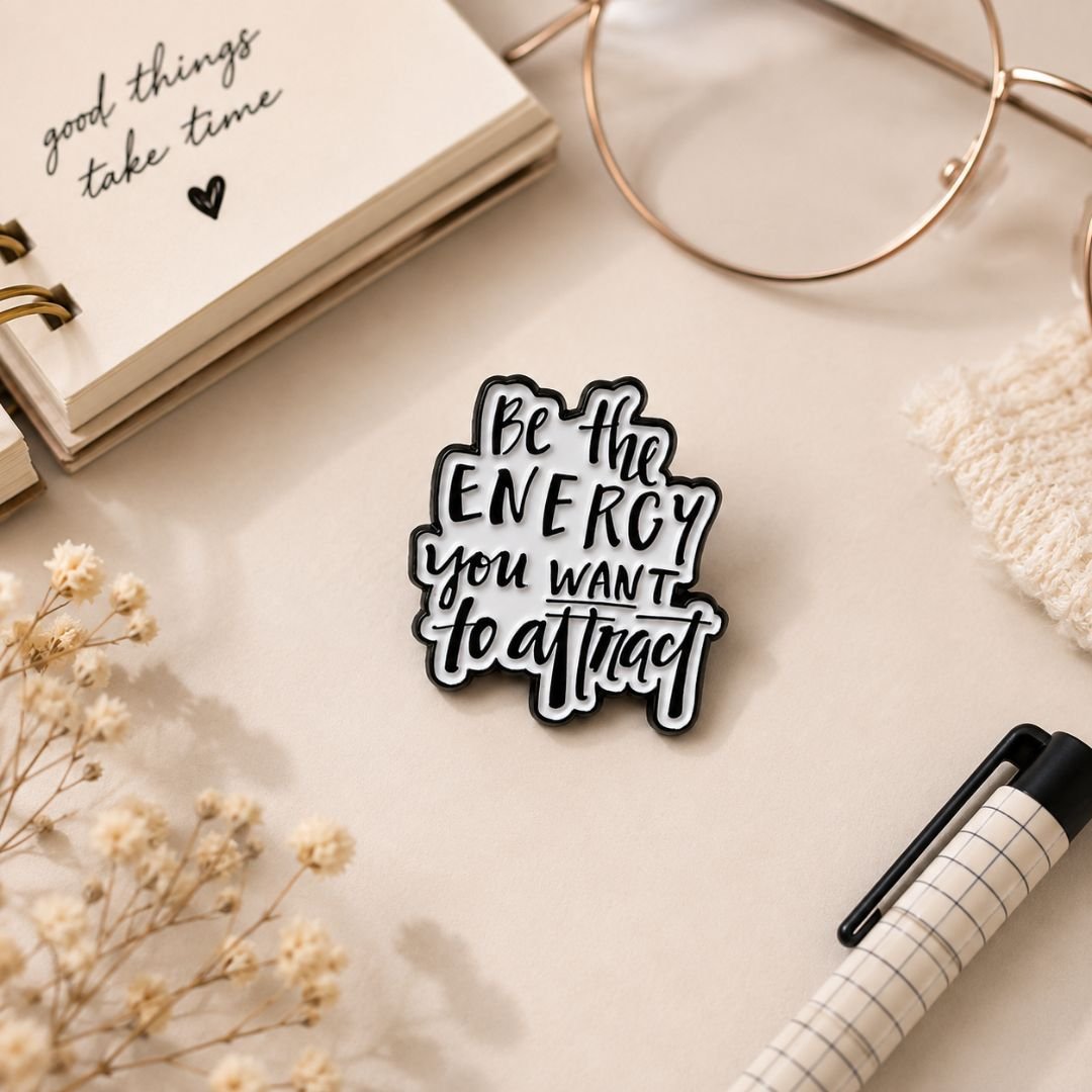 Inspirational enamel pin featuring the quote "Be the Energy You Want to Attract" in a black and white design.